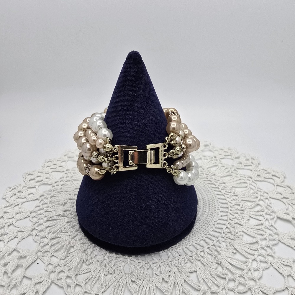 Vintage Imitation Pearl Bracelet Torque Pave Rhinestone 6 Strands 6" - Picture 2 of 7